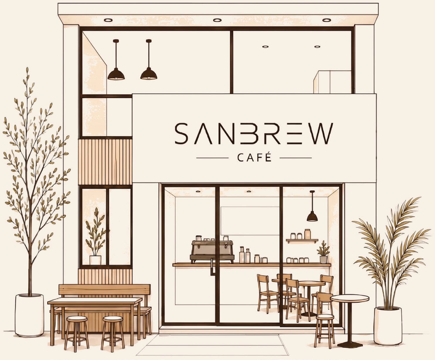 Pencil sketch of the Sanbrew Cafe storefront